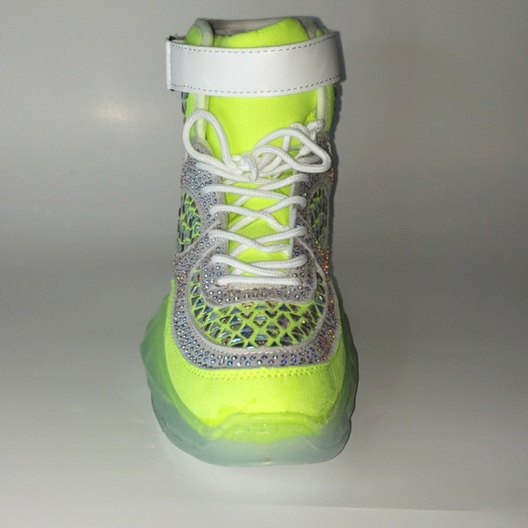 HI TOP LACE UP NEON LIME RHINESTONE SNEAKERS - Picture 3 of 6
